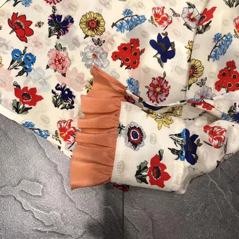

floral printed women blouses 100% silk women bow shirt casual young lady blouse