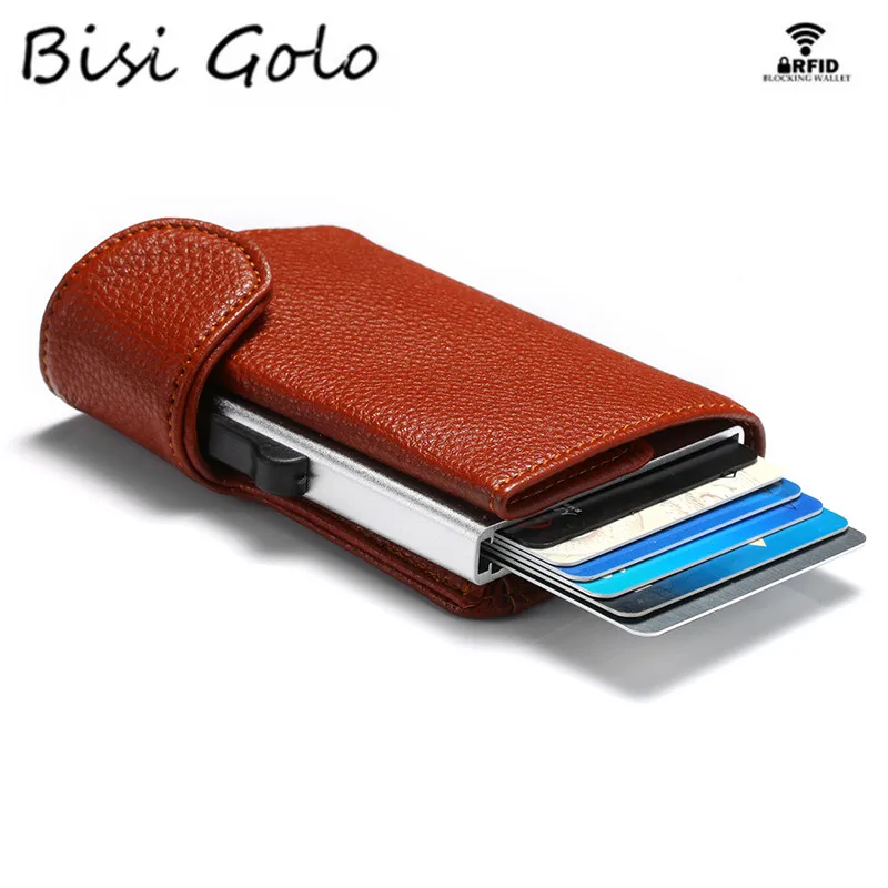 

BISI GORO 2021 Metal RFID Credit Card Holder Single Aluminum Box Card Wallet Fashion PU Leather Soft Men and Women Pop Up Wallet