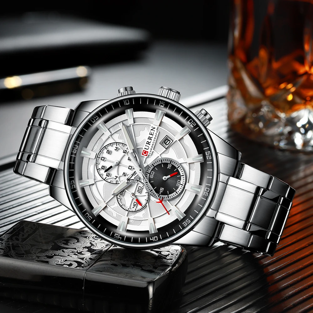 CURREN New Fashion Silver Black Quartz Watch Stainless Steel Waterproof Wristwatch Luminous Luxury Brand Chronograph Date Clock | Наручные