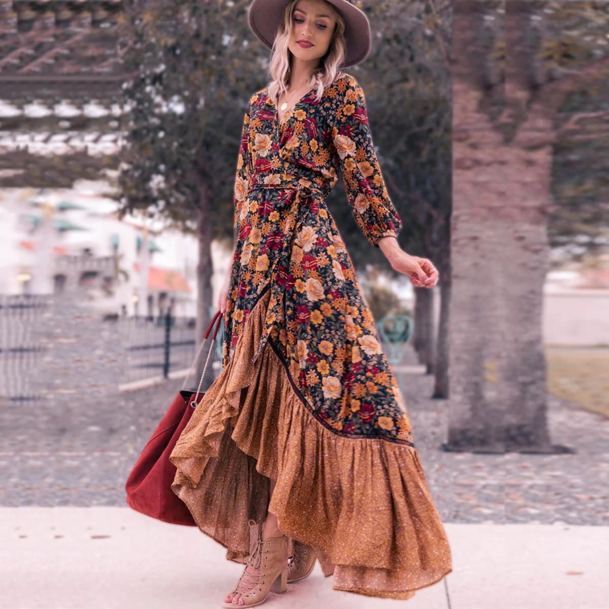

Irregular Floral Printed Maxi Dress Lace Up Long Sleeves V-neck Women Dresses Female Vintage Chic Streetwear Boho Beach Vestidos