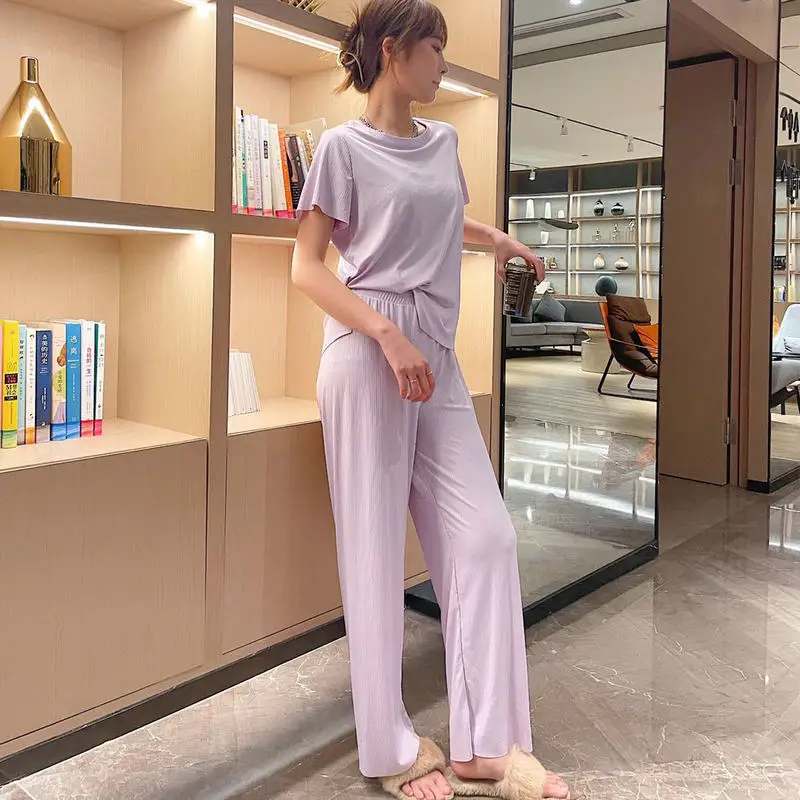 

Модный комплект 2021, женская летняя Интимная Пижама, женские брюки с коротким рукавом, Ночная одежда, костюм из вискозы, домашняя одежда, одеж...