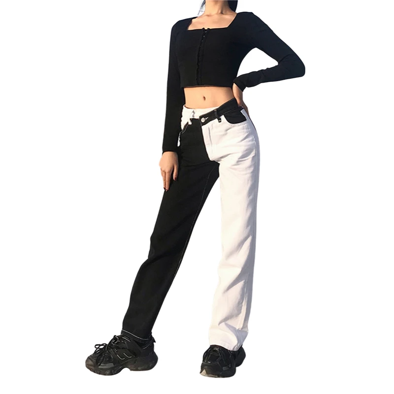 

Women Straight Denim Pants Casual Mid Waist Color Block Wide Leg Jeans with Pockets