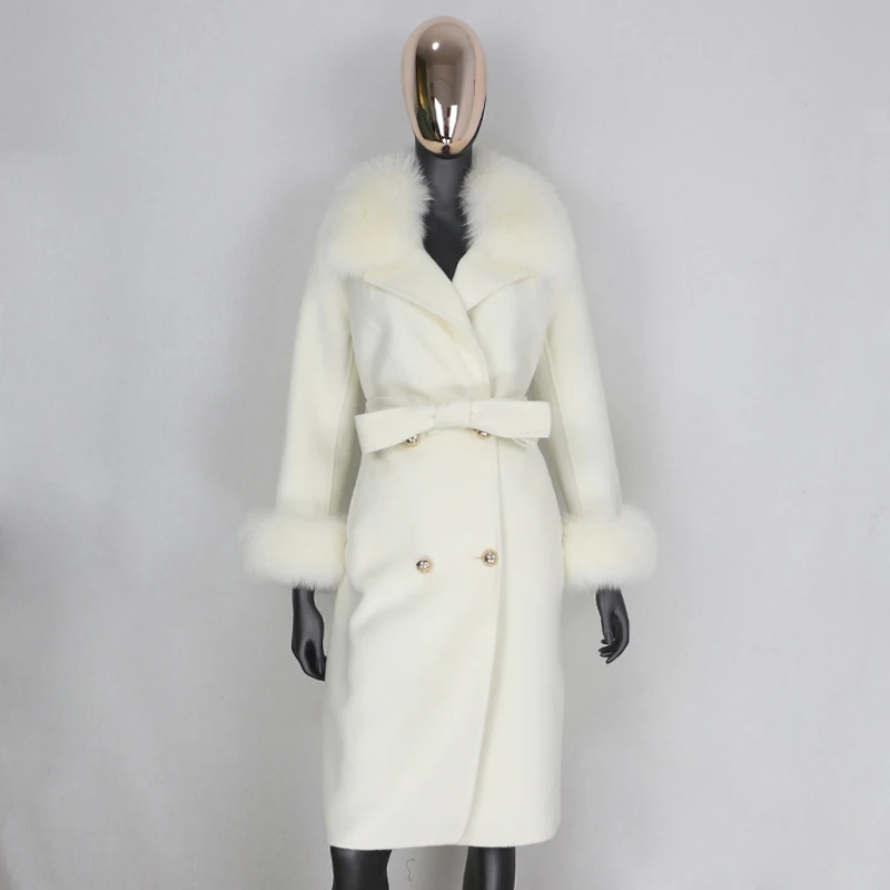 

2021 Cashmere Wool Blends Real Fur Coat Double Breasted Winter Jacket Women Fluffy Natural Fox Fur Collar Outerwear Streetwear