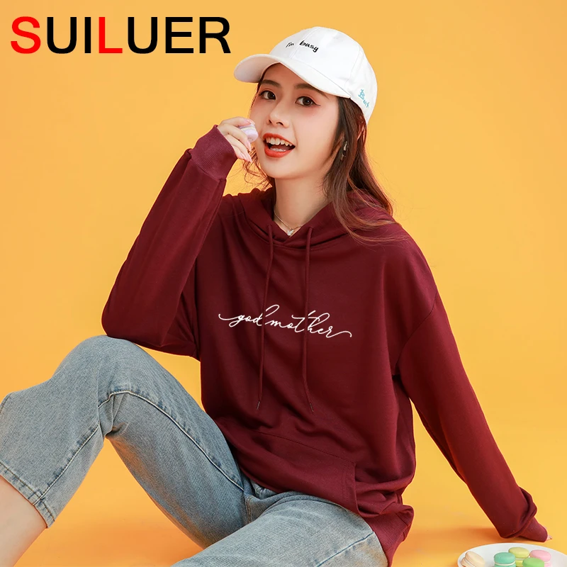 

Women Hoodies Godmother Letters Print Sweatshirts Women 100% Cotton Loose Hoody Ladies Causal Pullovers Clothes Tops SL448-031