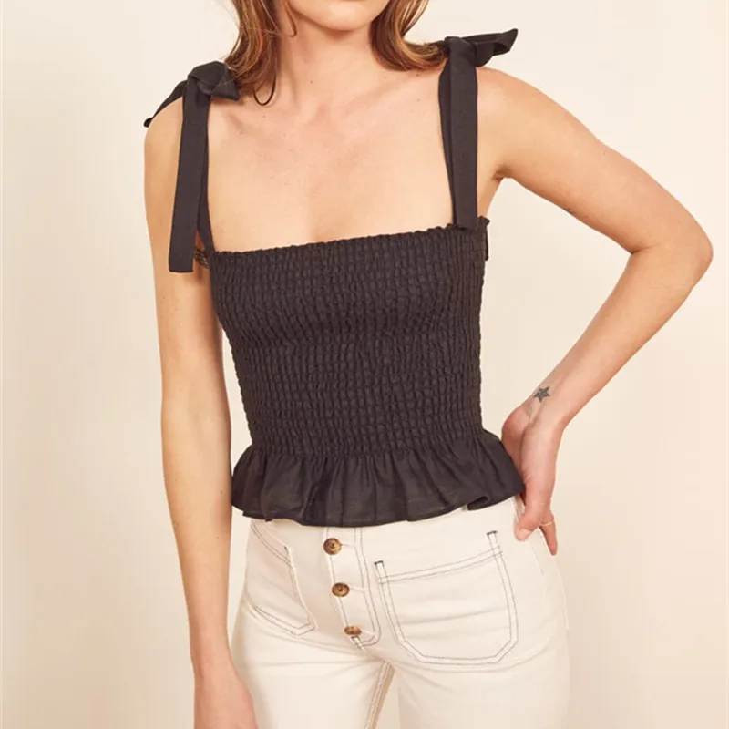 

Women Lace-up Camis Black Sexy Linen Ruffles Sleeveless Off-shoulder 2020 Summer New Female Tank Top
