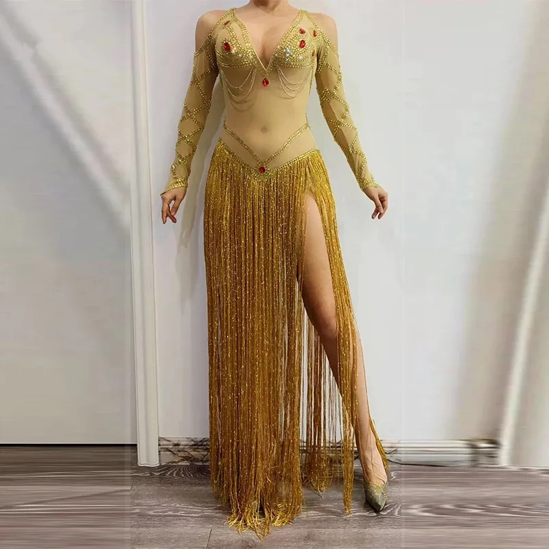 Sexy V-neck Long Sleeve Transparent Mesh Gold Rhinestones Long Tassel Bodysuit Women Singer Dancer Models Adult Stage Costume