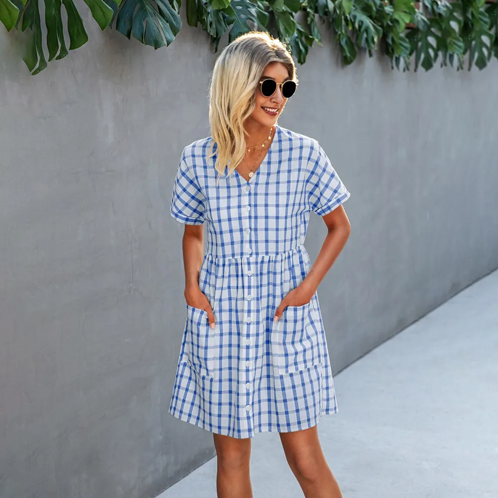 

TREMU V-Neck Casual Sundresses Women's Summer Plaid Mini A-Line Office Dresses vestido de mujer