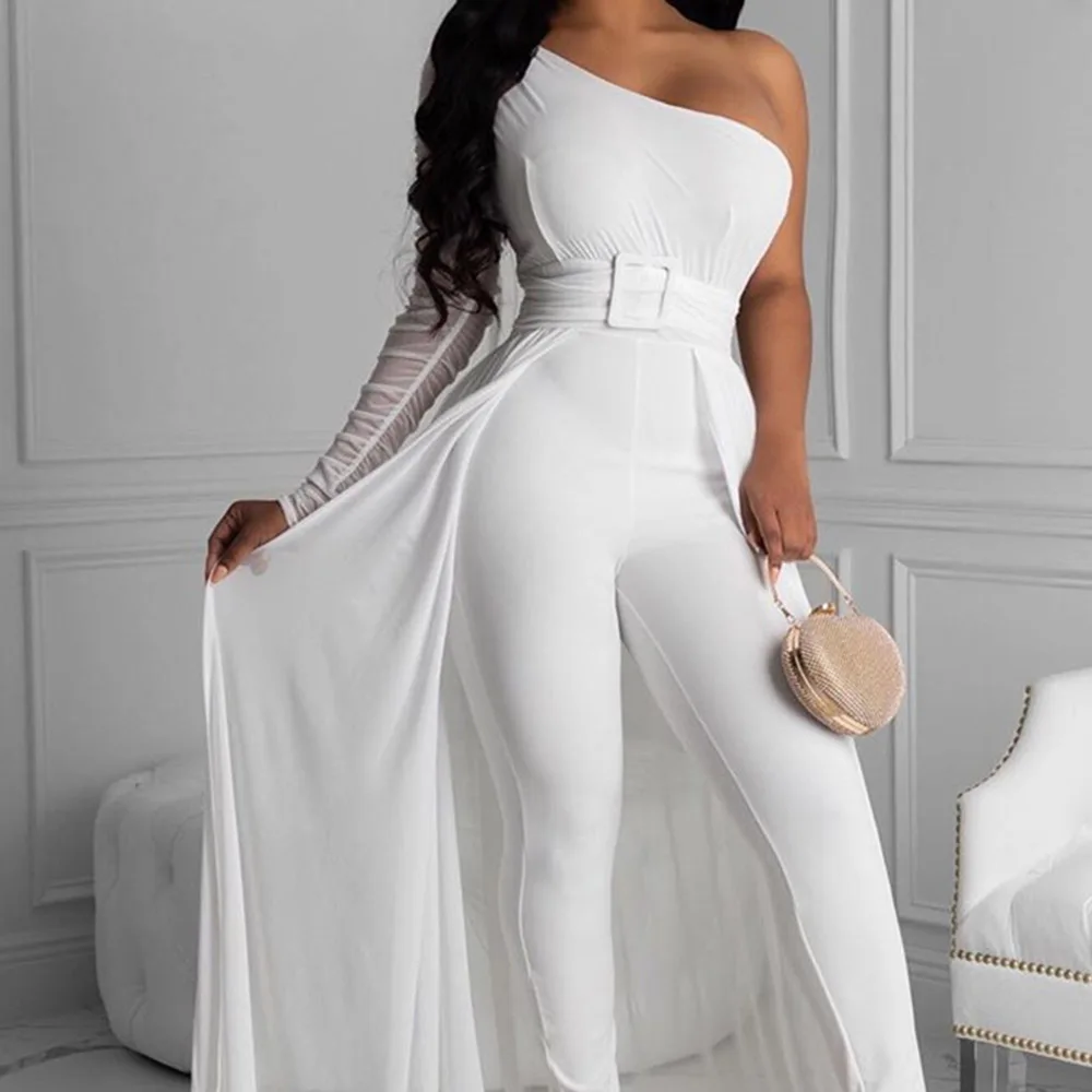 

One Shoulder Bodycon Sexy Jumpsuit Women White Long Pencil Pants Office Ladies Elegant Skinny High Waist Rompers Party Clubwear