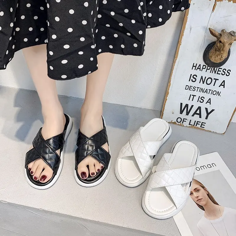 

Women's genuine leather cross strap pleated slip-on platform flats sandals open toe summer leisure soft comfortable female shoes