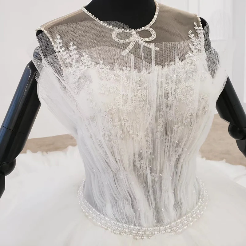 BGW Tulle Wedding Dress Short Sleeve Pearl Sequin Crystal Bow Lace Up Ball Gown Petite Wedding Dress Vestito Da Sposa 2020
