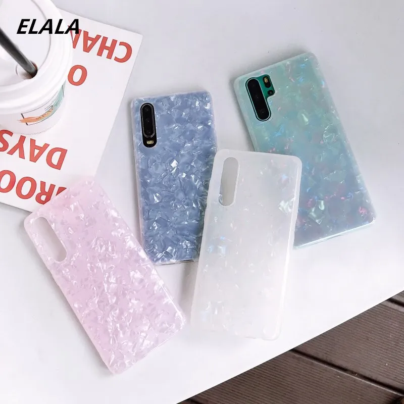 ELALA Glossy Marble Case For Samsung Galaxy Note 10 Plus Bling Conch Shell Epoxy Silicone Glitter Soft TPU Cover Pro |