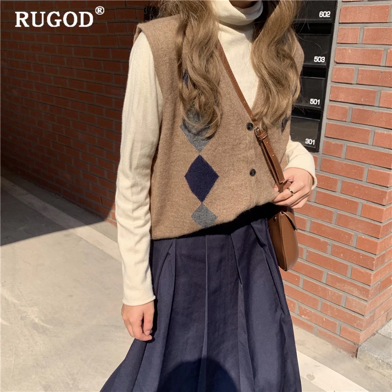 RUGOD винтажный женский кардиган без рукавов, новинка, корейский однобортный вязаный кардиган с геометрическим принтом, Женская Осенняя верхняя одежда