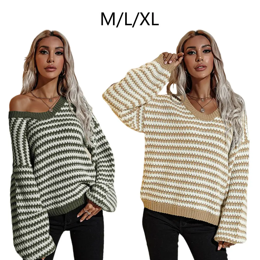 

Women's V Neck Puff sleeve Loose Knitted Pullover Sweater Jumper Tops