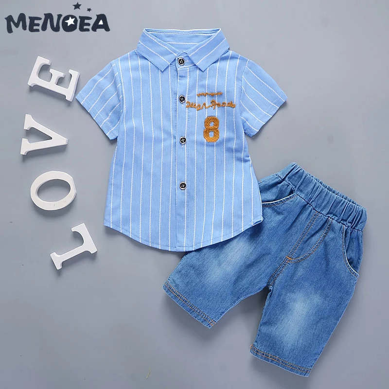 

Menoea Boys Clothing Sets Summer Fashion Kids Sets Striped Short Sleeve T-shirt + Denim Shorts Suit Lucky 8 Children Costume