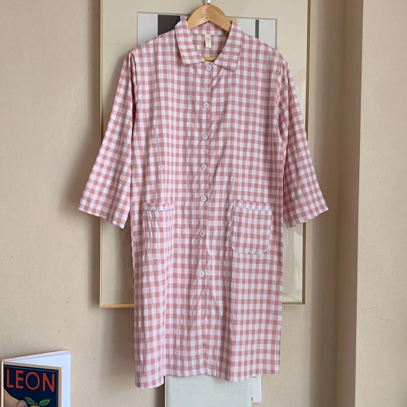 

Shirt Nightdress Women's Summer Sweet Pure Cotton Plaid Nightgown Long-sleeved Fashion Mid-length Night Dress Femme Sleepwear