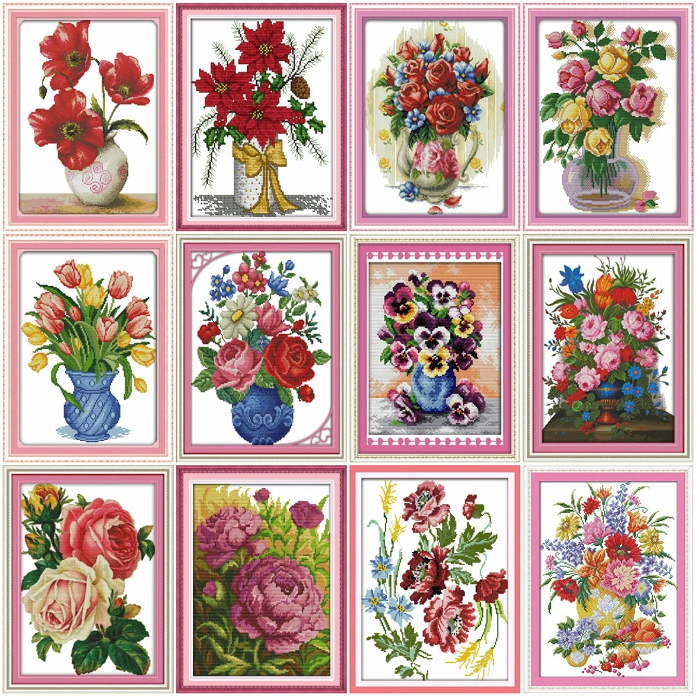 

HUACAN Cross Stitch Flower Kits White Canvas Embroidery Floral In Vase Needlework Sets 11CT 14CT DIY Gift Home Decoration