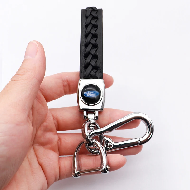 

Car Accessories 3D Metal Leather Braided rope brand Logo Key Chain Key Ring For Ford- Mustang Explorer FIESTA Focus Kuga Focus