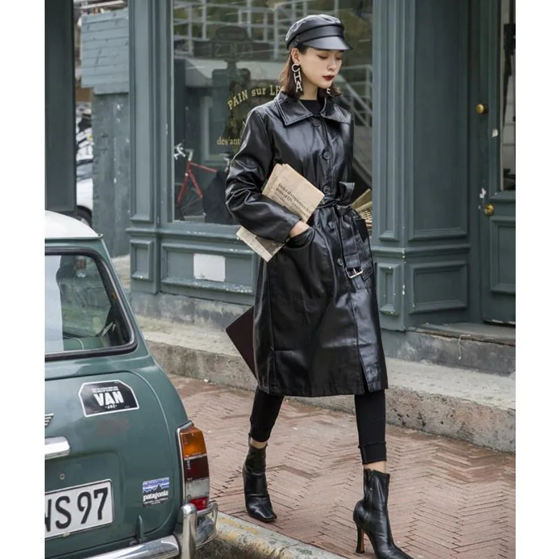 Женская куртка из искусственной кожи осень-зима 2019 женский тренчкот с поясом
