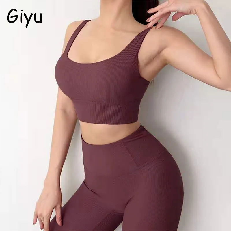 

Женский спортивный костюм Giyu, повседневный облегающий комплект из двух предметов, короткий топ и штаны, однотонный спортивный костюм без ру...