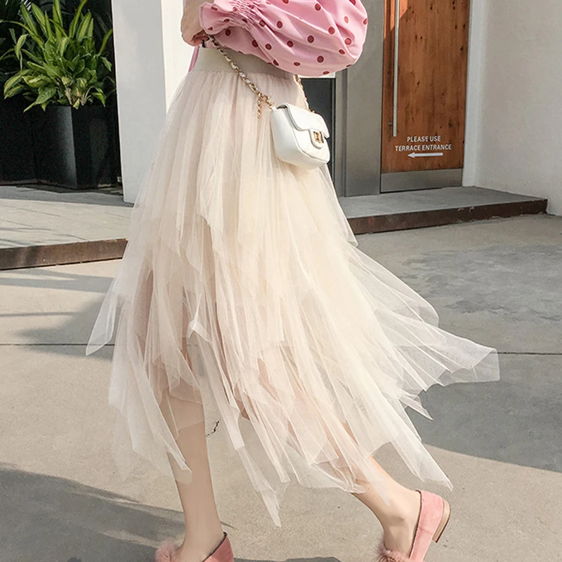 

Lucyever New 2020 Women Tulle Ball Gown Skirt Elegant Spring Korean Elastic High Waist Mesh Summer Lady Pink Skirt Party Faldas