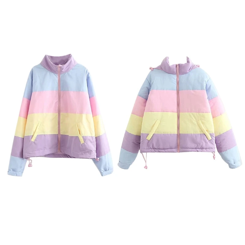 

Women Winter Padded Puffer Warm Jacket Rainbow Stripes Hooded Coat Drawstring Loose Full Zip Outerwear with Pockets
