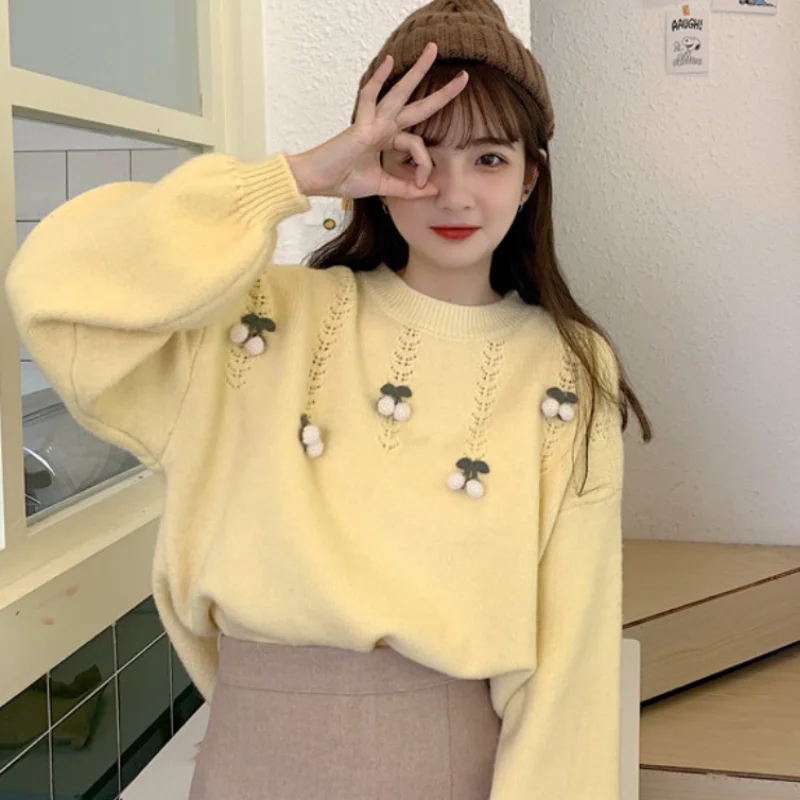 

2021 New Korea Fashion Elegant Commute Retro Wild O Neck Stitching Design Loose Casual Lantern Sleeve Knitted Pullover Sweater