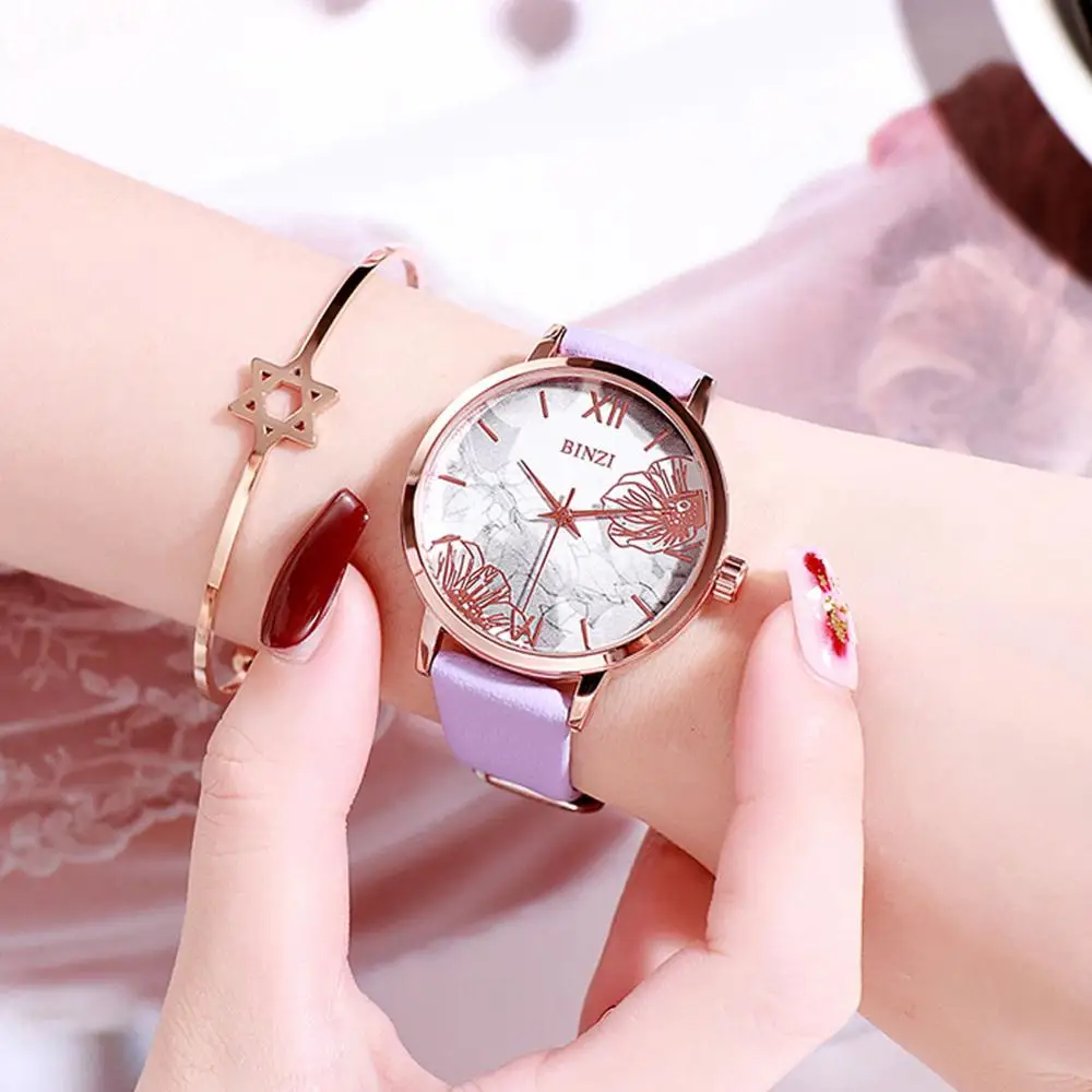 Женские наручные часы с цветами кожа розовое золото простые модные женские Reloj
