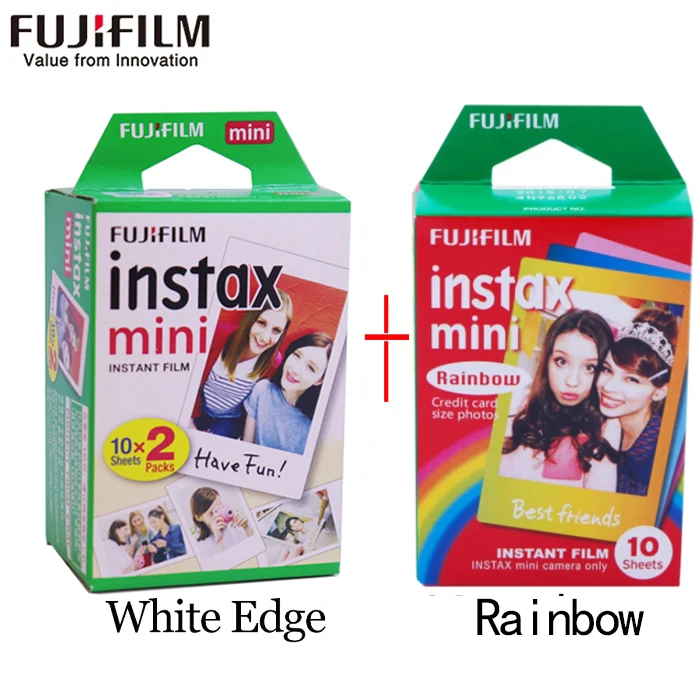 Пленка Fujifilm instax mini 20 листов белого края+ 10 листов черно-белой монохромной пленки для камеры моментальной печати mini 8 7s 25 50s 9 - Цвет: white add Rainbow