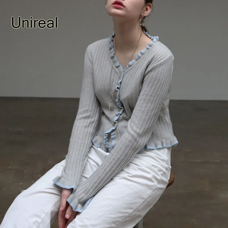 

Unireal 2021 Spring Autumn New Women Knitted Cardigan Long Sleeve Grey Black Ruffle Cute Sweater Cardigan Jumpers