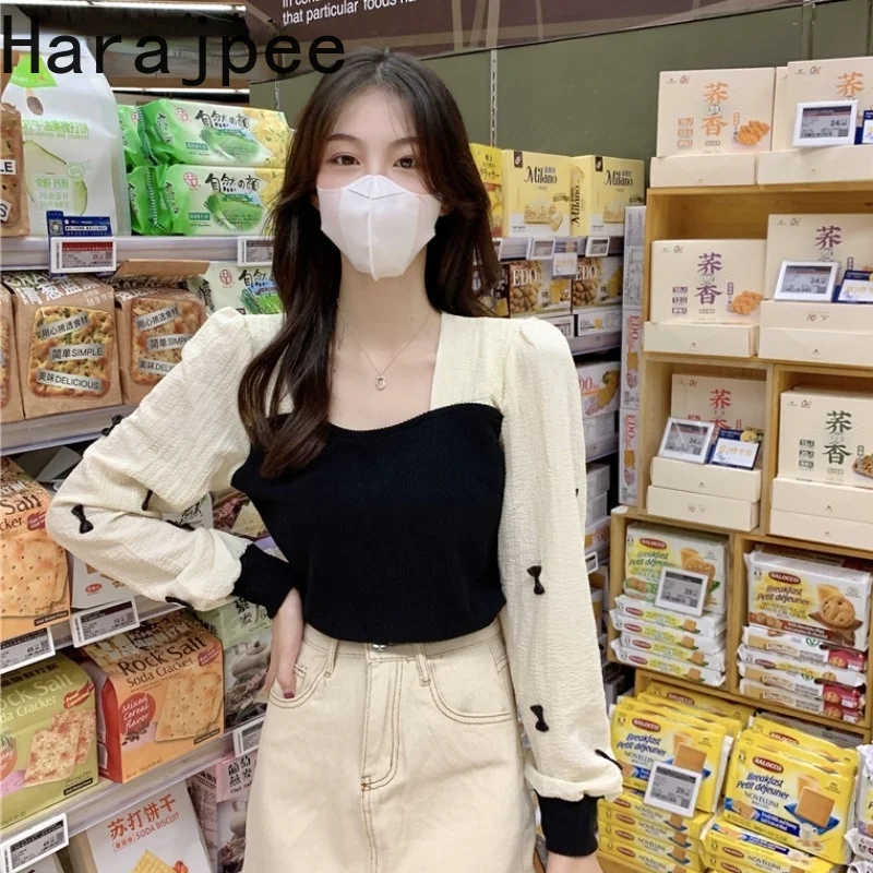 

Harajpee Women Shirt French Retro Gentle Style Square Collar Stitching Long-sleeved Chiffon FemaleTops 2021 Spring Autumn New