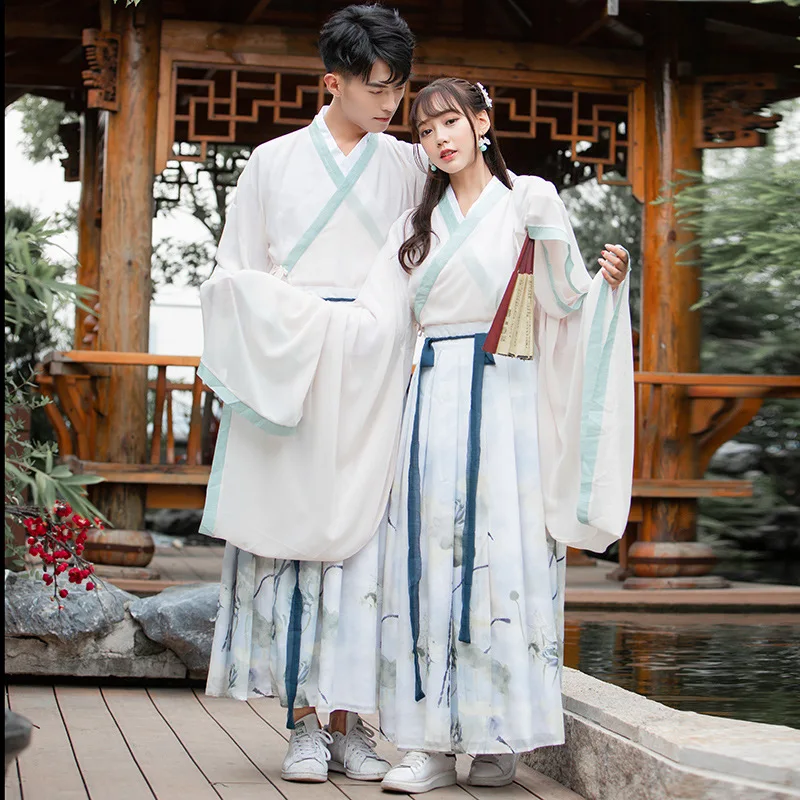 

lovers men's Wei Jin style traditional Han dynasty women's big sleeve shirt mid coat cross collar waist length skirt
