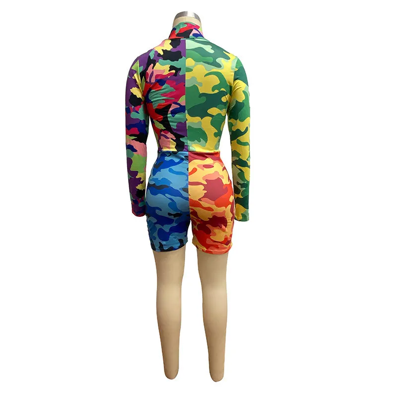 

Camouflage Color Block Fitness Short Playsuit Sexy Club Costume One Piece Body Outfit Streetwear Stand Collar Full Sleeve Romper