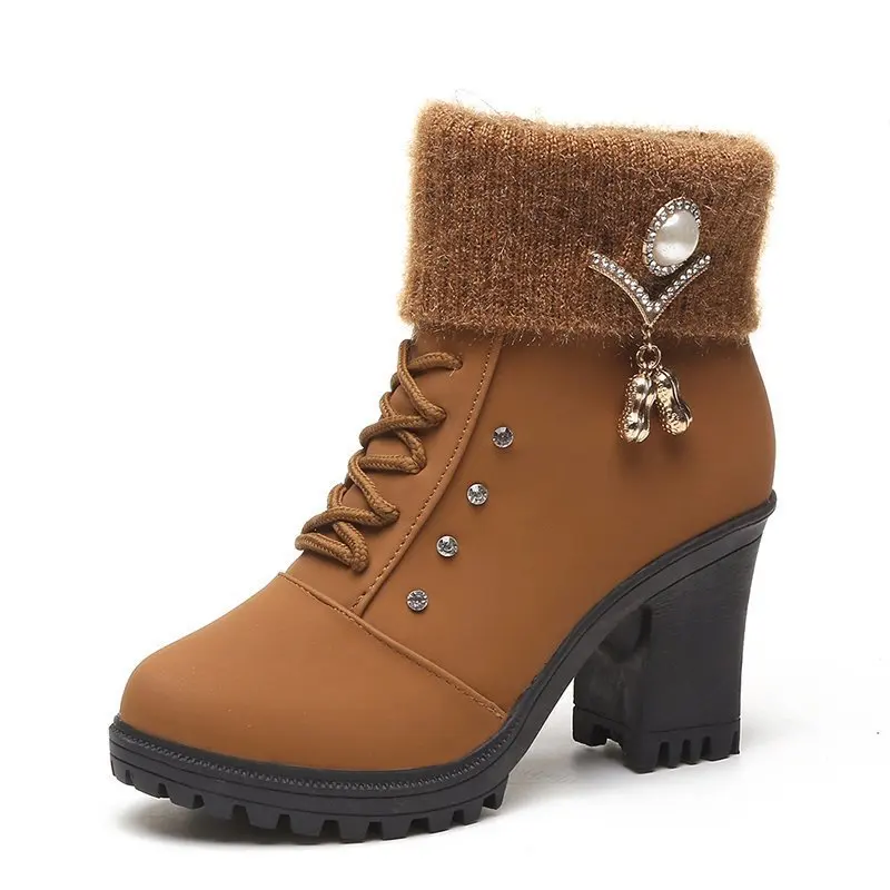 

Fine Frosted Short Tube Plush Women's Shoes New Fashion Women's High-heeled Boots Plush Warm Boots Ladies Brand and Ankle Boots