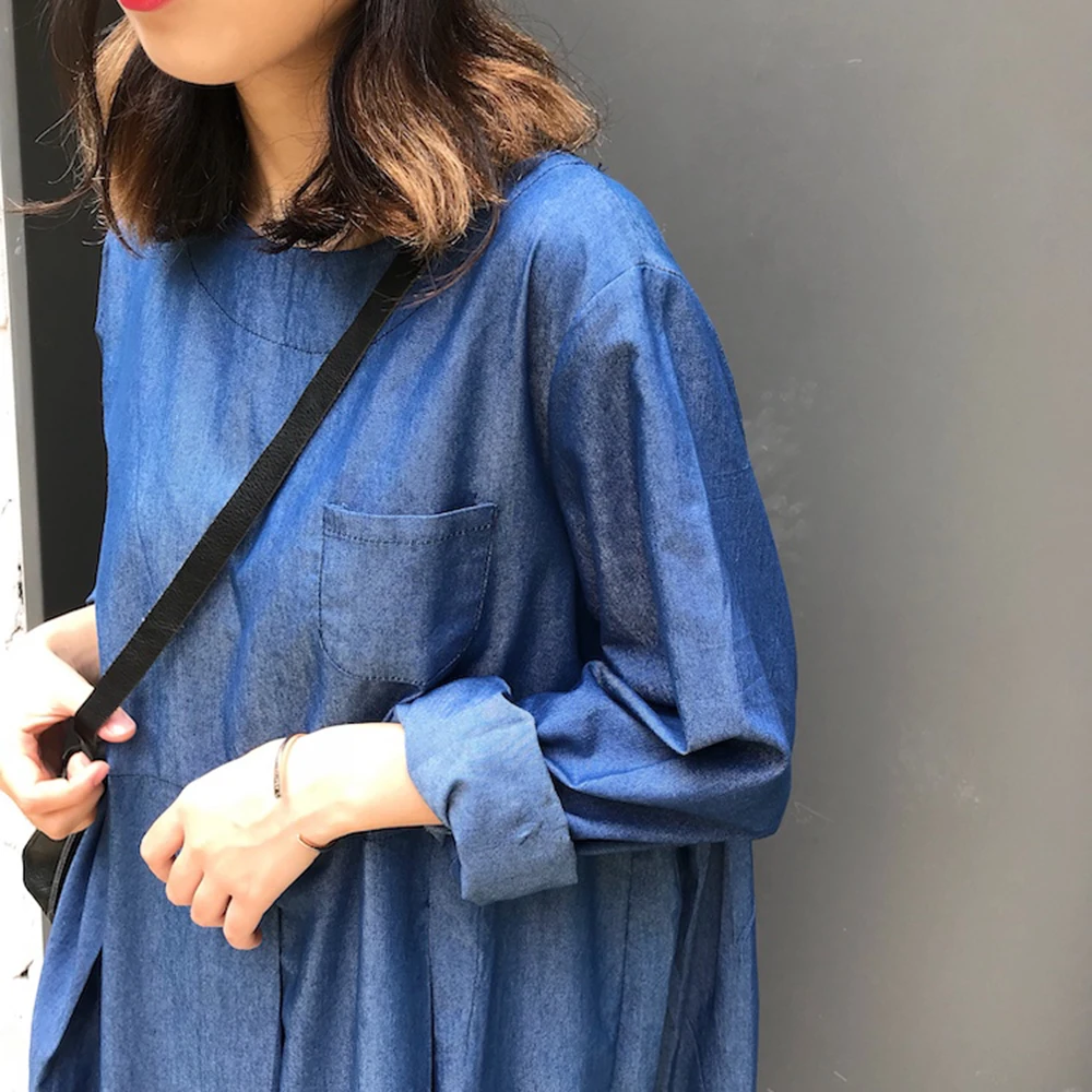 

Japan Style Korean Fashion Spring Summer Women's Dress Loose Casual Temperament Simple Solid Color Cowboy Round Neck Long Sleeve