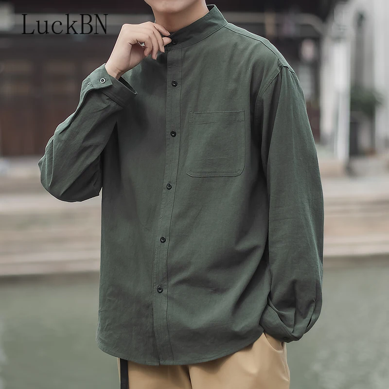 

Harajuku Men's Long Sleeve Shirts Autumn Fashion Stand Up Collar Man Shirt Cotton Linen New Solid Color Male Oversized Blouses