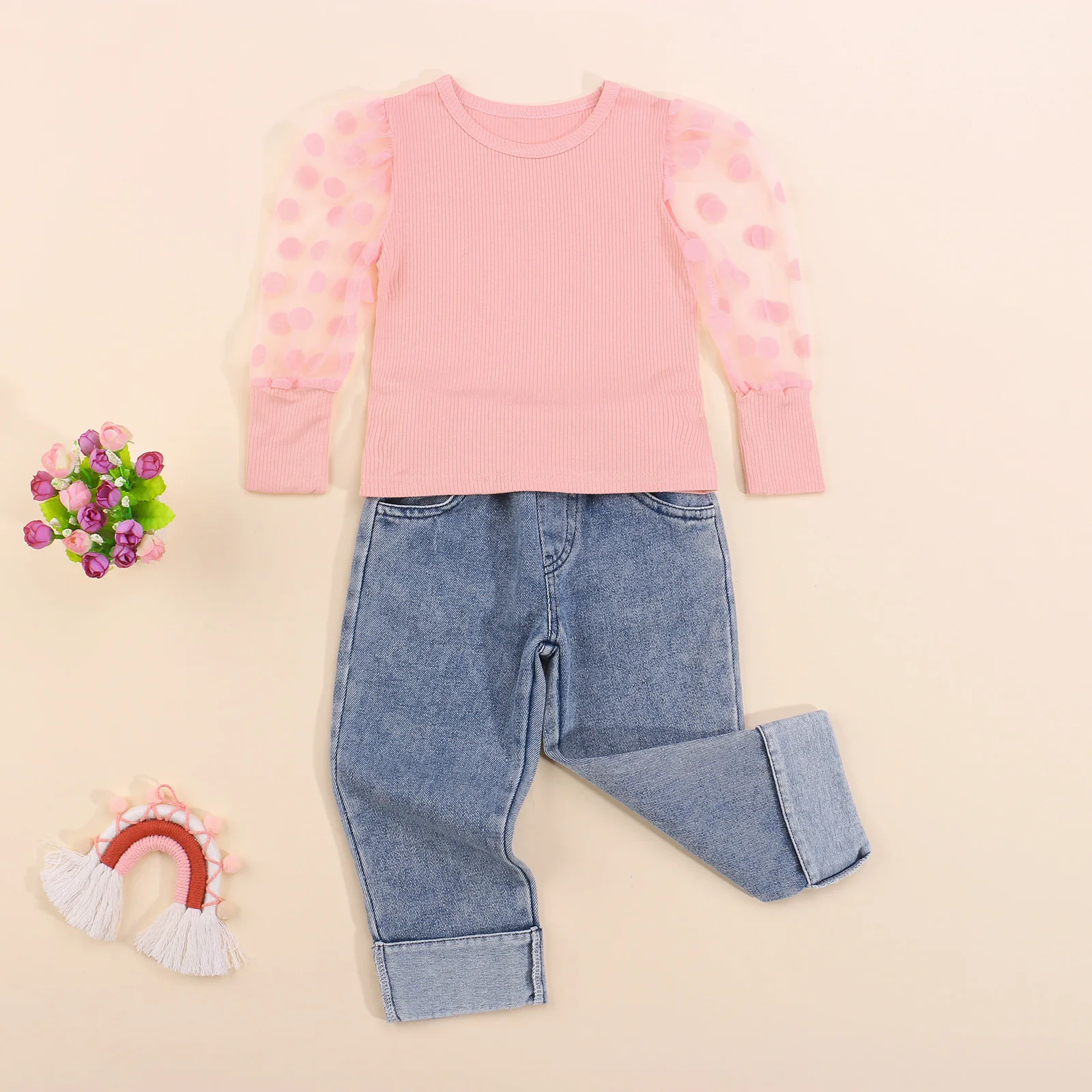 

Детские джинсы с длинными рукавами, украшение с бантом на декольте, сетчатая трикотажная одежда с высокой талией, весенняя одежда