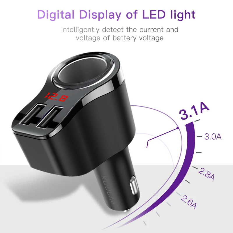 KUULAA Car Charger Dual USB Quick Charge 3.0 LCD Display Cigarette Lighter Socket Type-C Adapter PD For Mobile Phone | Мобильные