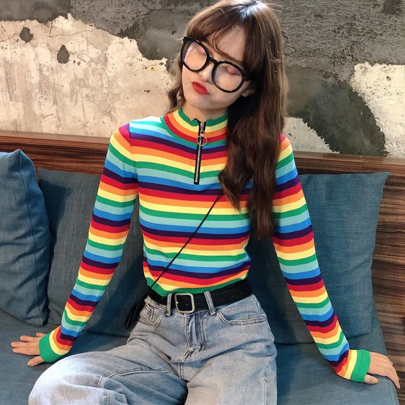 Women Sweaters Korean Style Rainbow Stripes Print Sweater Slim Long Sleeved half-high Collar Bottom Knit S1 New | Женская одежда