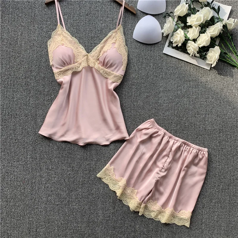 Новые весенние пижамы женские шелковые камзол шорты комплект Имитация