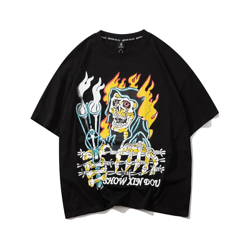 

Hip Hop Chain Grim Reaper T Shirt Skeleton on FIre Streetwear Tshirt Summer Short Sleeve Cotton Tops Tees Skateboard T-Shirt
