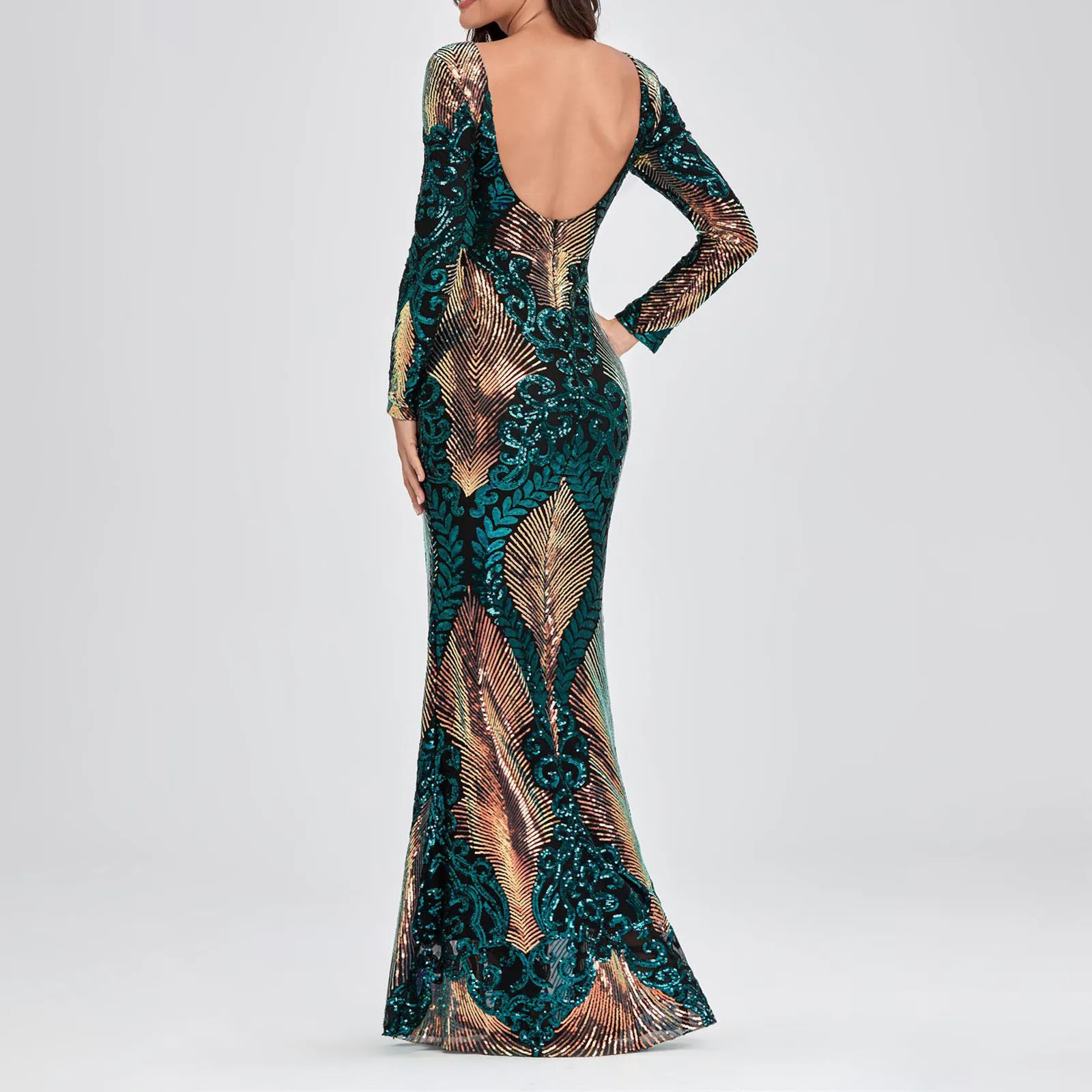 

2021 New Women Long Sleeve Sexy Round Neck Sequined Slim Fit Mermaids Elegant O-neck Evening Party Dress Temperament Dress