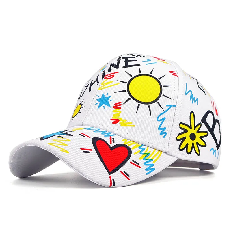 

Cotton White Baseball Cap Women 2021 Summer Snapback Caps Men Korean Cartoon Graffiti Print Casquette Femme Baseball Hat