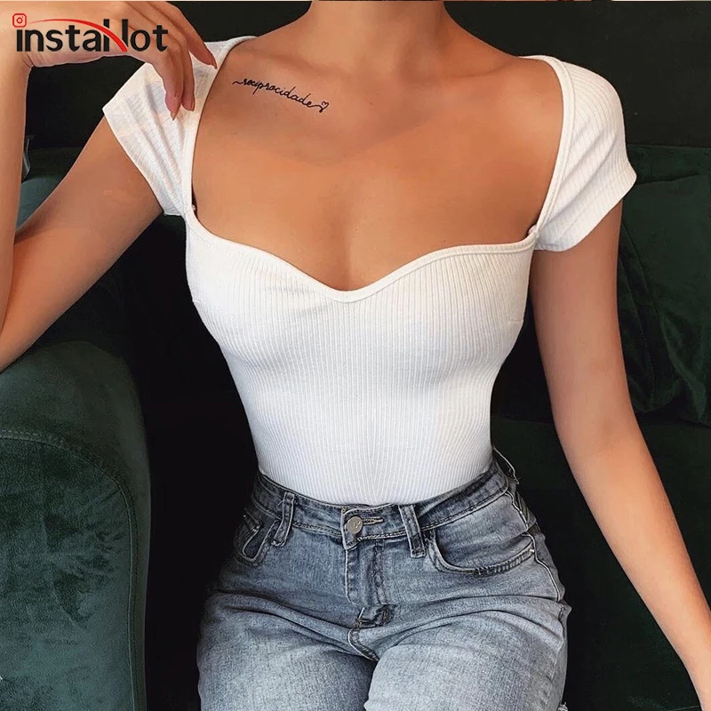 Женская футболка с коротким рукавом InstaHot летний обтягивающий укороченный топ