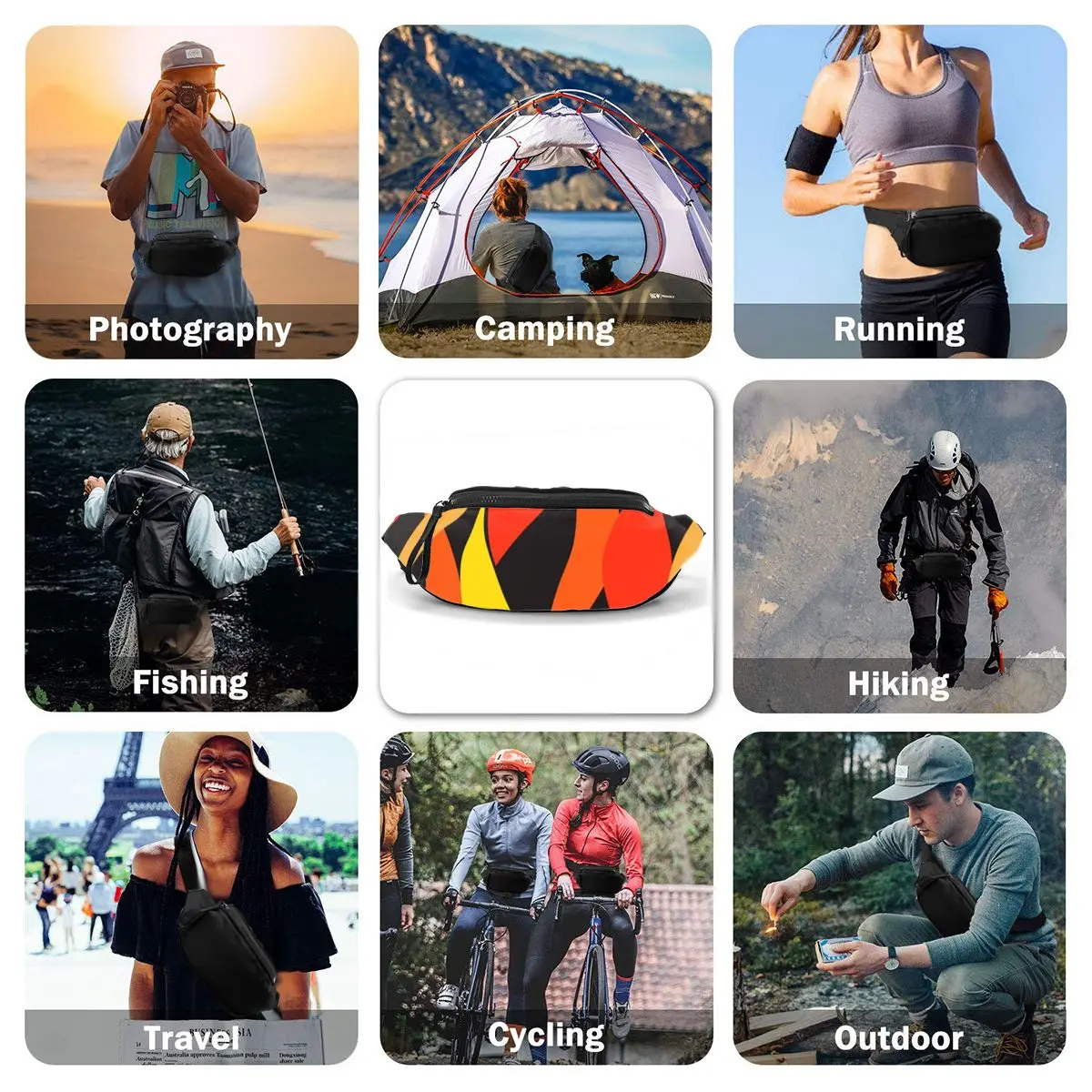 

Red Flare Waist Bag Pattern Polyester Waist Pack Fishing Male Bag