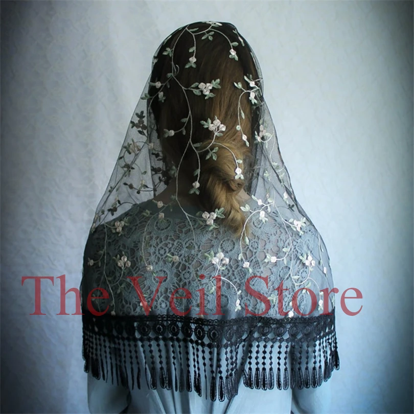 Floral Tassel Lace Mantilla Catholique Veils for church Traditiondal Women Head covering infinity wrap Latin Mass Velos de Novia | Свадьбы и