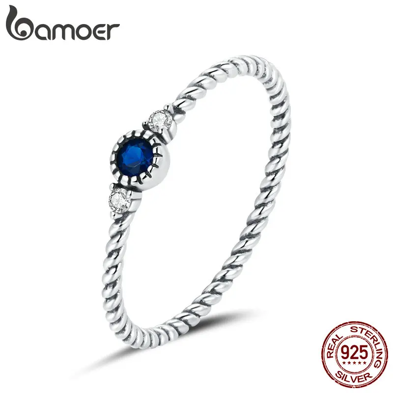 

bamoer Blue Zircon Finger Rings for Women 925 Sterling Silver Retro Engagement Wedding Jewelry Fashion Accessories SCR693