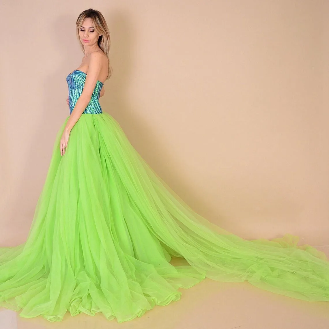 

Юбка женская вечерняя из фатина, длинная Плиссированная Свадебная юбка с завышенной талией, с длинным шлейфом, на заказ, цвет зеленый лайм