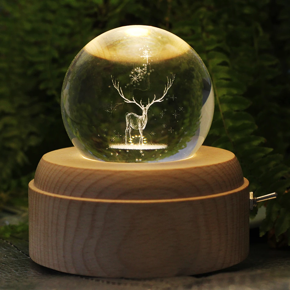 Горячая 3D Лось Луна хрустальный шар деревянная музыкальная шкатулка светящаяся