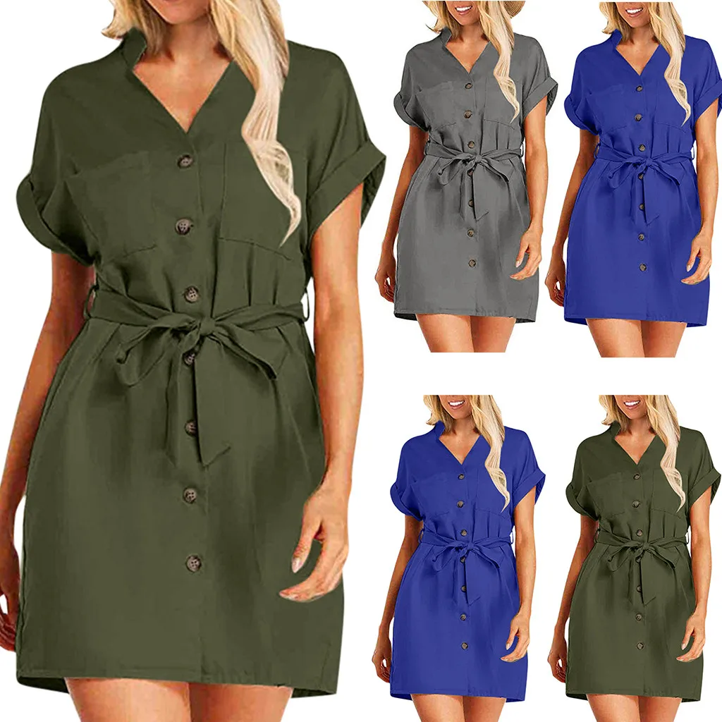 Новинка весны 2020 модное однотонное короткое платье женское с коротким рукавом и v