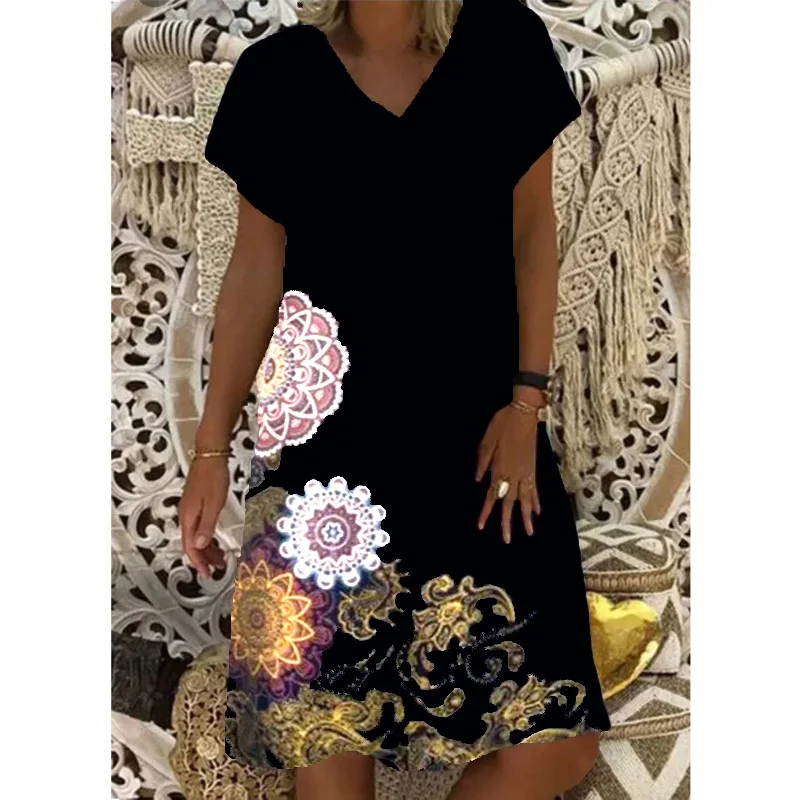 

Women Summer Dress Fashion Print V-neck Short sleeve Loose Big Swing Casual Beach Dress 2021 Large Ladies Plus Size Dress#D3